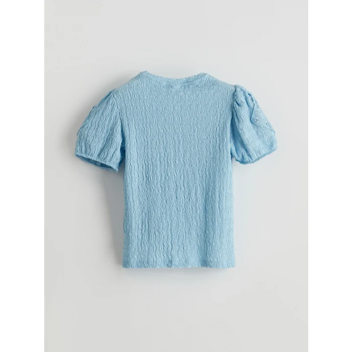 LCW Kids Mavi Bisiklet Yaka Dokulu Kız Çocuk Tişört