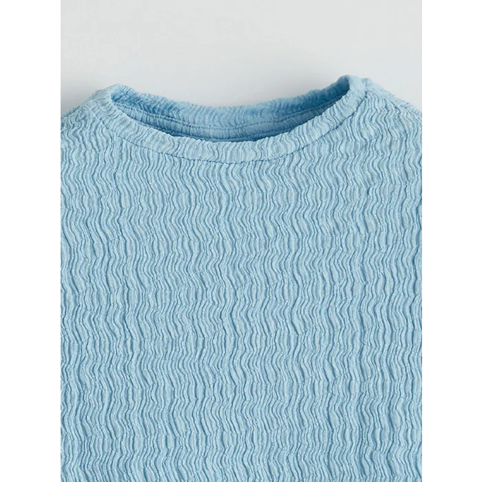 LCW Kids Mavi Bisiklet Yaka Dokulu Kız Çocuk Tişört