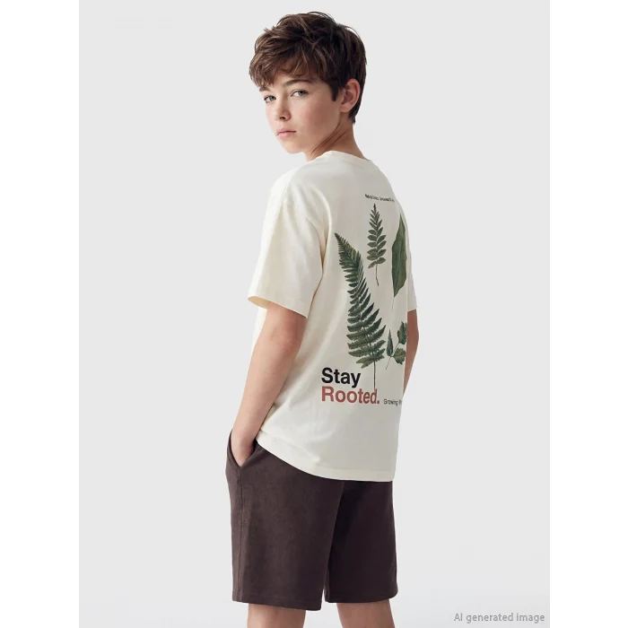 LCW Kids Bej Bisiklet Yaka Baskılı Erkek Çocuk Tişört