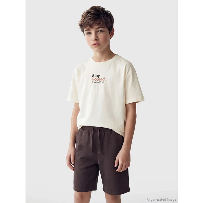 LCW Kids Bej Bisiklet Yaka Baskılı Erkek Çocuk Tişört