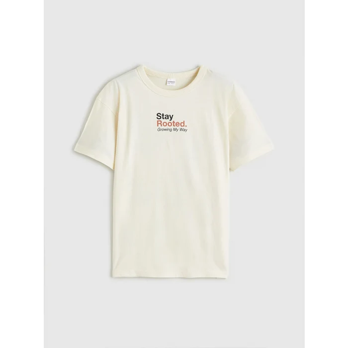 LCW Kids Bej Bisiklet Yaka Baskılı Erkek Çocuk Tişört