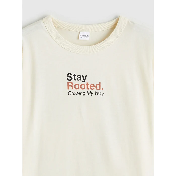 LCW Kids Bej Bisiklet Yaka Baskılı Erkek Çocuk Tişört