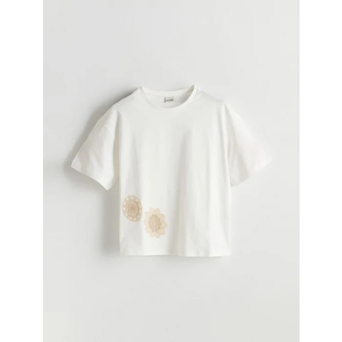 LCW Kids Ekru Bisiklet Yaka Çiçekli Kız Çocuk Tişört
