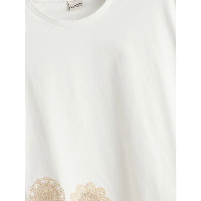 LCW Kids Ekru Bisiklet Yaka Çiçekli Kız Çocuk Tişört