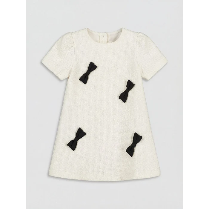 LCW Kids Ekru Bisiklet Yaka Fiyonklu Kız Çocuk Tüvit Elbise