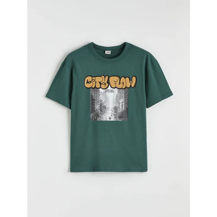 LCW Kids Yeşil Bisiklet Yaka Baskılı Erkek Çocuk Tişört