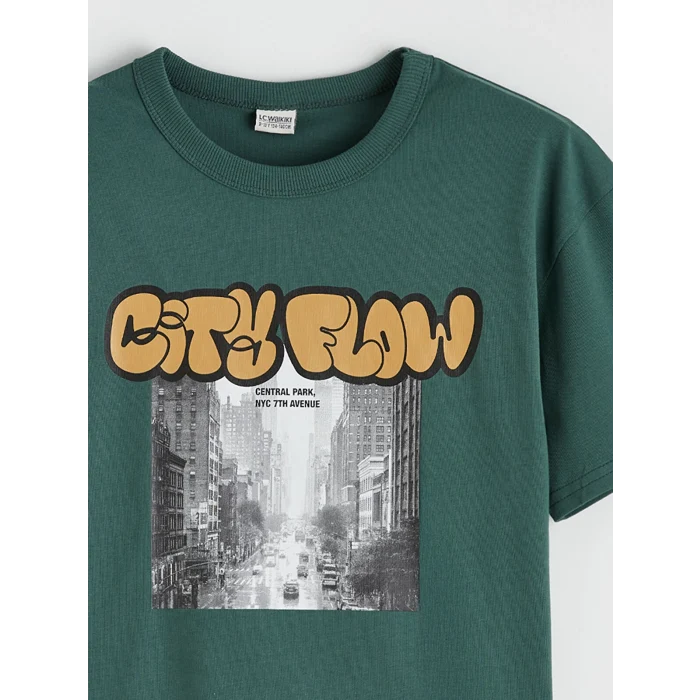 LCW Kids Yeşil Bisiklet Yaka Baskılı Erkek Çocuk Tişört