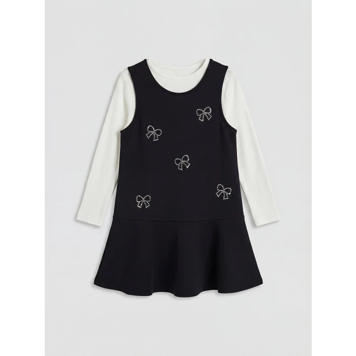 LCW Kids Siyah Bisiklet Yaka Fiyonk Detaylı Kız Çocuk Elbise