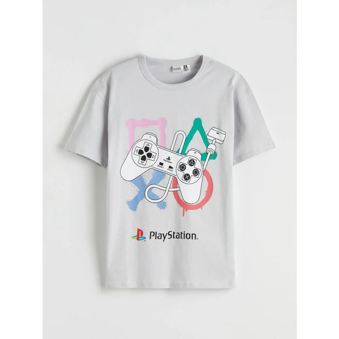 LCW Kids Gri Bisiklet Yaka PlayStation Baskılı Erkek Çocuk Tişört