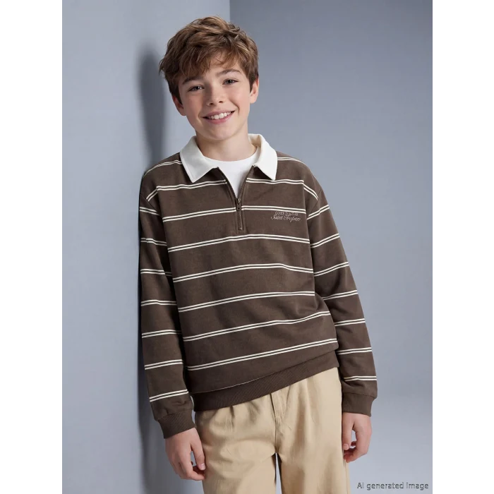 LCW Kids Kahverengi Polo Yaka Çizgili Erkek Çocuk Tişört