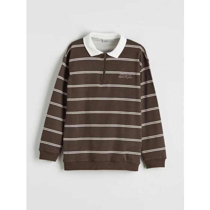 LCW Kids Kahverengi Polo Yaka Çizgili Erkek Çocuk Tişört