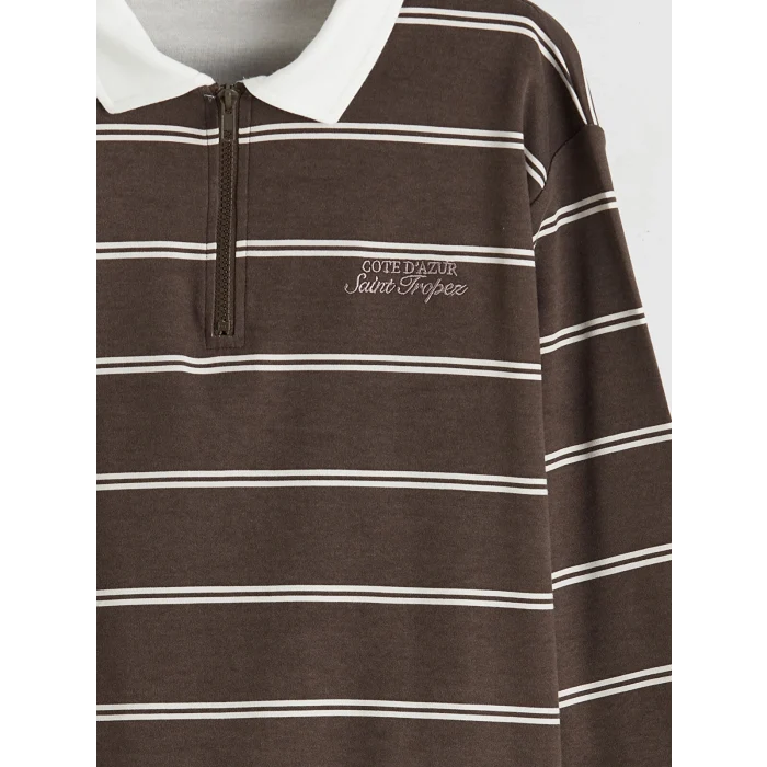 LCW Kids Kahverengi Polo Yaka Çizgili Erkek Çocuk Tişört