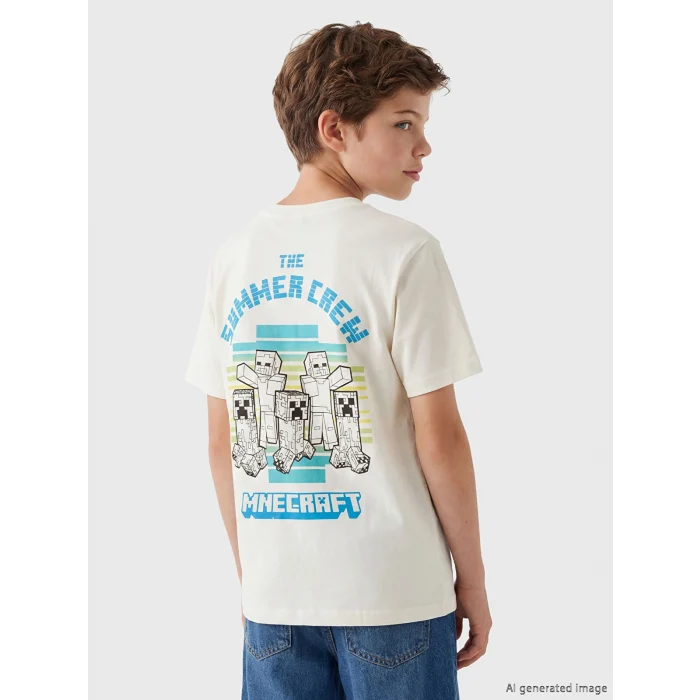 LCW Kids Ekru Bisiklet Yaka Minecraft Baskılı Erkek Çocuk Tişört