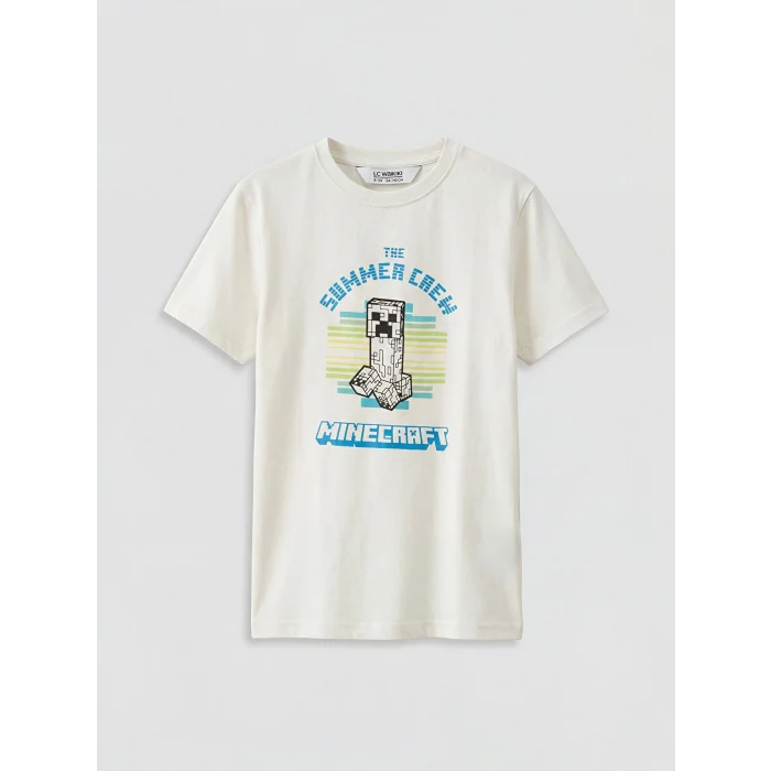 LCW Kids Ekru Bisiklet Yaka Minecraft Baskılı Erkek Çocuk Tişört