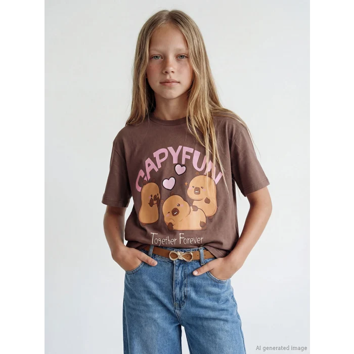 LCW Kids Kahverengi Bisiklet Yaka Capyfun Baskılı Kız Çocuk Tişört