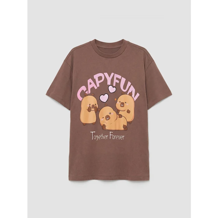 LCW Kids Kahverengi Bisiklet Yaka Capyfun Baskılı Kız Çocuk Tişört