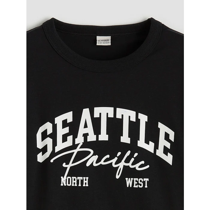 LCW Kids Siyah Bisiklet Yaka Baskılı Erkek Çocuk Tişört