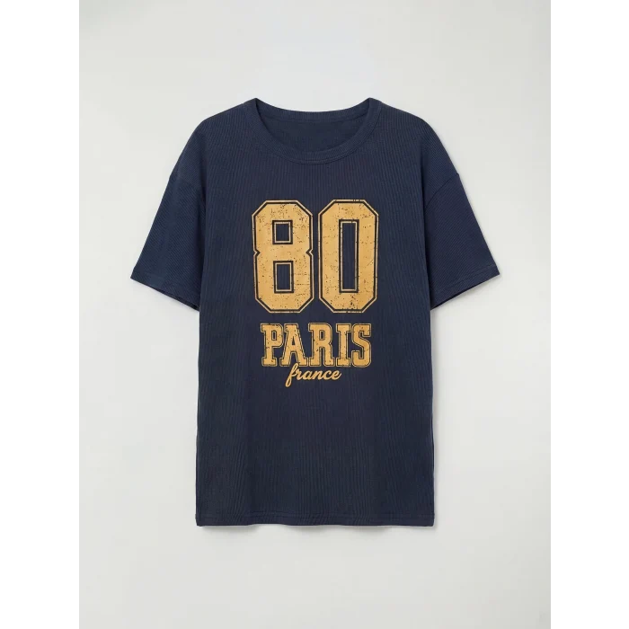 LCW Kids Lacivert Bisiklet Yaka Paris Baskılı Erkek Çocuk Tişört