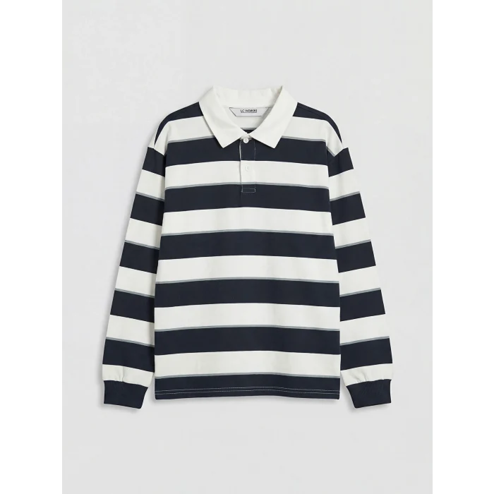 LCW Kids Lacivert Polo Yaka Uzun Kollu Çizgili Erkek Çocuk Tişört