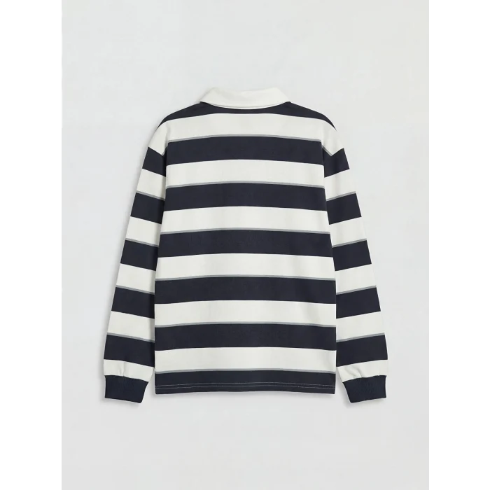 LCW Kids Lacivert Polo Yaka Uzun Kollu Çizgili Erkek Çocuk Tişört