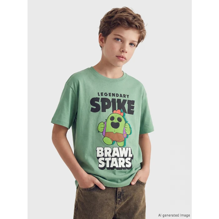 LCW Kids Yeşil Bisiklet Yaka Brawl Stars Baskılı Erkek Çocuk Tişört