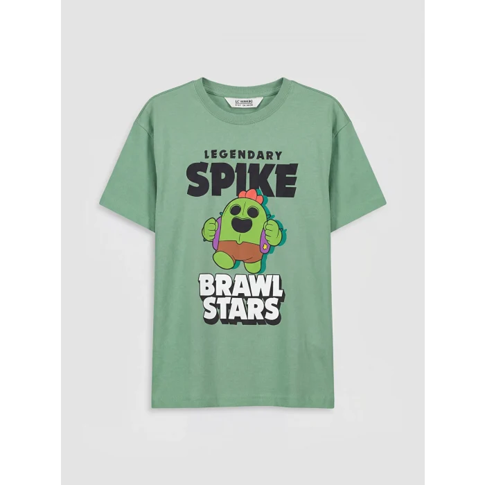 LCW Kids Yeşil Bisiklet Yaka Brawl Stars Baskılı Erkek Çocuk Tişört