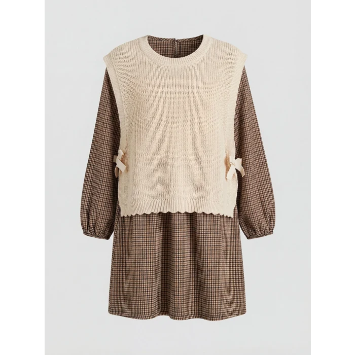 LCW Kids Ekru Bisiklet Yaka Ekose Kız Çocuk Elbise ve Süveter