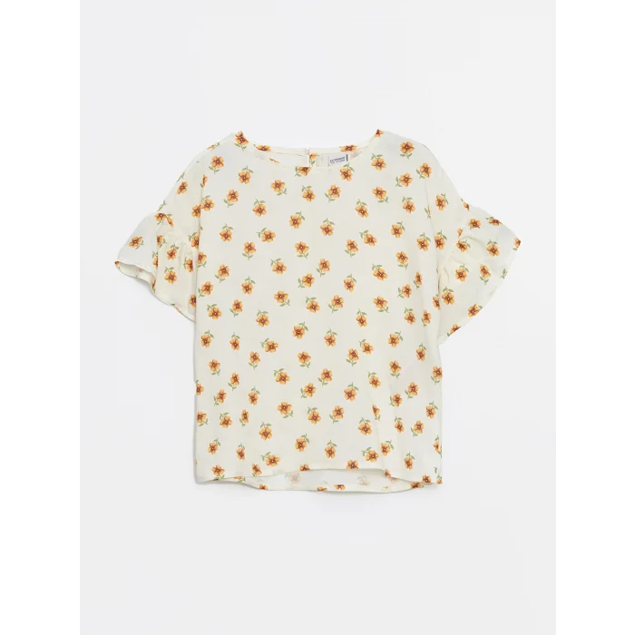 LCW Kids Ekru Bisiklet Yaka Çiçekli Kız Çocuk Bluz