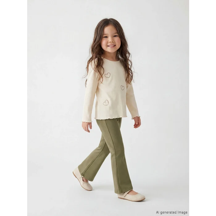 LCW Kids Ekru Kalp Baskılı Kız Çocuk Bluz ve Tayt Pantolon