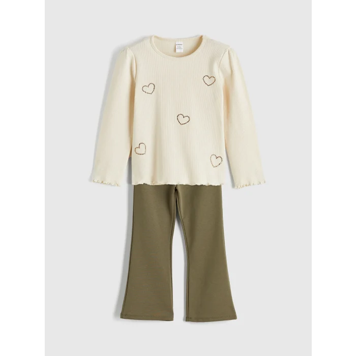 LCW Kids Ekru Kalp Baskılı Kız Çocuk Bluz ve Tayt Pantolon