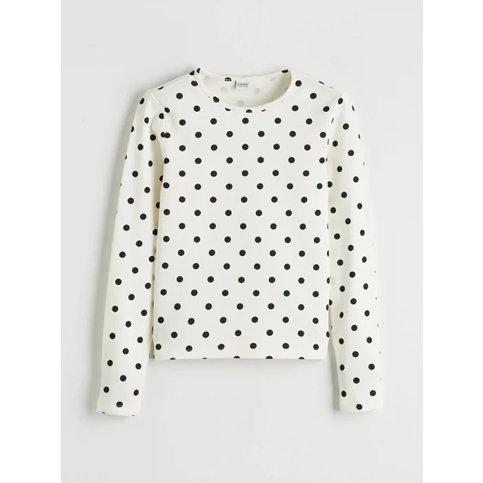 LCW Kids Ekru Bisiklet Yaka Puantiyeli Kız Çocuk Tişört