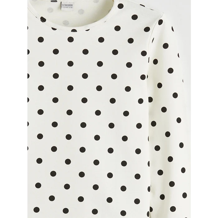 LCW Kids Ekru Bisiklet Yaka Puantiyeli Kız Çocuk Tişört