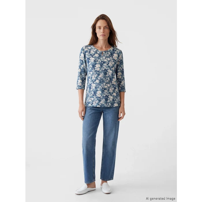 LCW Grace Mavi Bisiklet Yaka Çiçekli Bluz