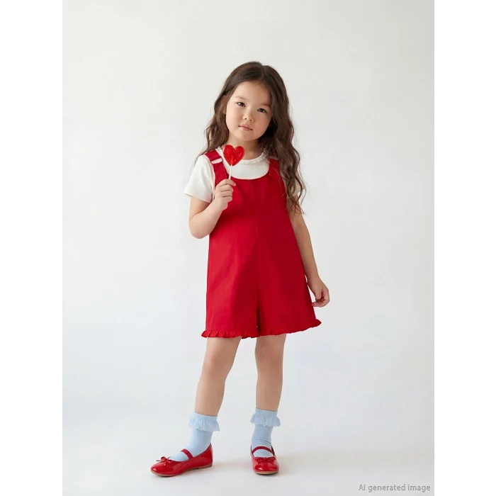 LCW Kids Kırmızı Kız Çocuk Şortlu Salopet ve Tişört