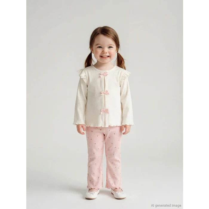 LCW baby Ekru Fiyonklu Kız Bebek Tişört ve Tayt