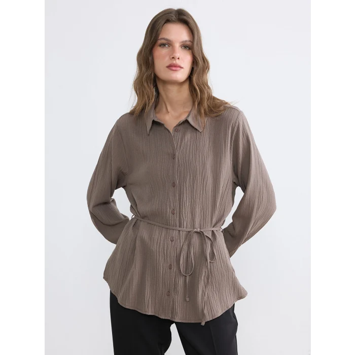 LCW EVERYDAY Kahverengi Kuşaklı Kadın Gofre Gömlek