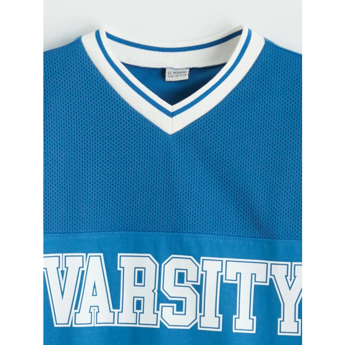 LCW Kids Mavi V Yaka Baskılı Erkek Çocuk Tişört