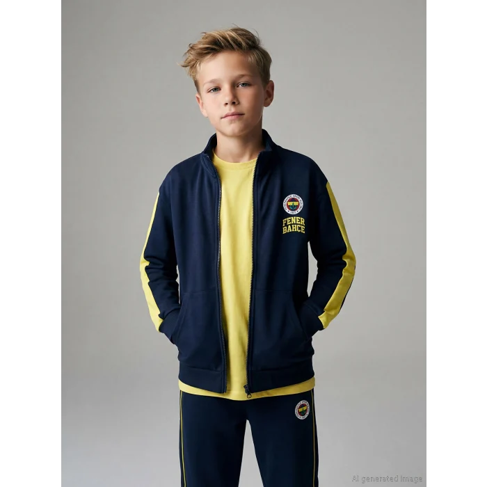 LCW Kids Lacivert Dik Yaka Fenerbahçe Baskılı Erkek Çocuk Fermuarlı Sweatshirt