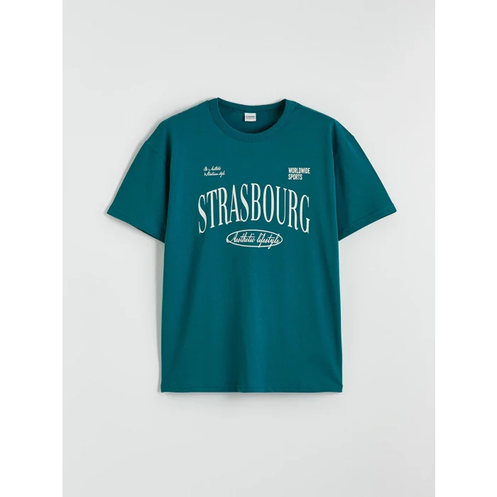 LCW Kids Yeşil Bisiklet Yaka Strasbourg Baskılı Erkek Çocuk Tişört