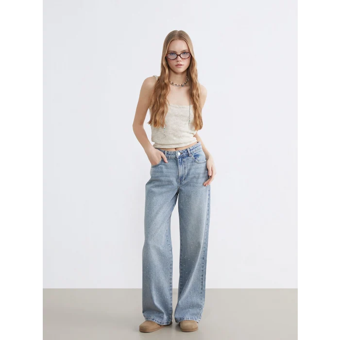 XSIDE Mavi Taşlı Wideleg Kadın Jean Pantolon
