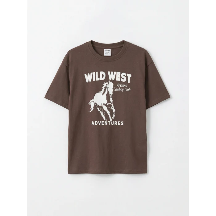 LCW Kids Kahverengi Bisiklet Yaka Baskılı Erkek Çocuk Tişört