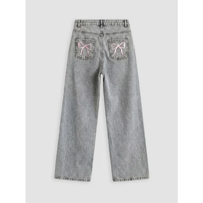 LCW Kids Karışık Wideleg Fiyonk Nakışlı Kız Çocuk Jean Pantolon