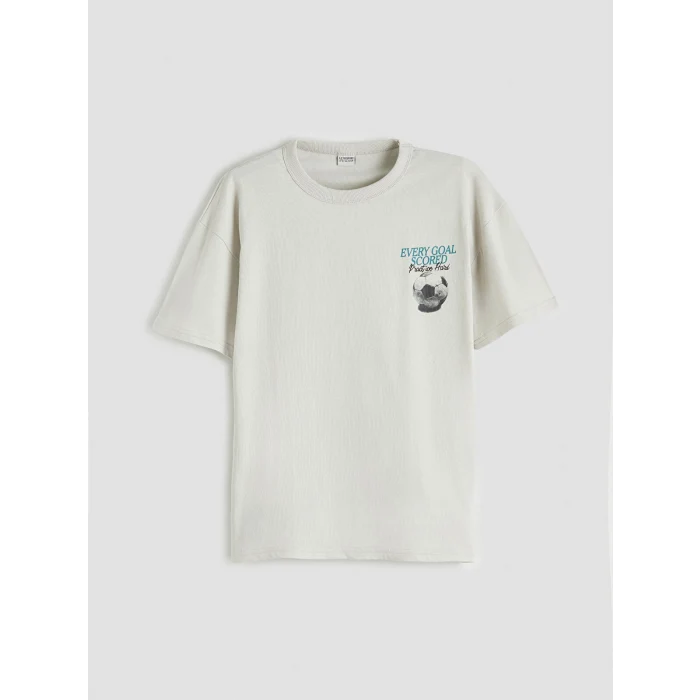 LCW Kids Bej Bisiklet Yaka Baskılı Erkek Çocuk Tişört