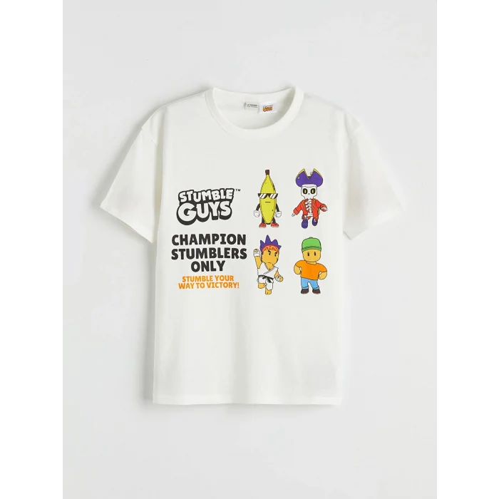 LCW Kids Ekru Bisiklet Yaka Stumble Guys Baskılı Erkek Çocuk Tişört