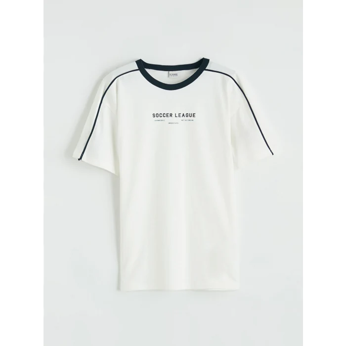 LCW Kids Ekru Bisiklet Yaka Baskılı Erkek Çocuk Tişört