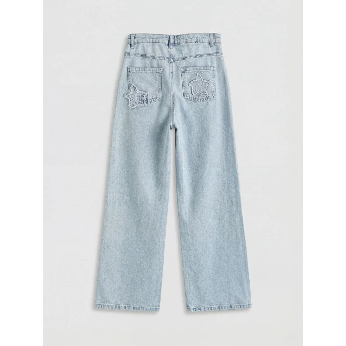 LCW Kids Mavi Wideleg Fiyonk Nakışlı Kız Çocuk Jean Pantolon