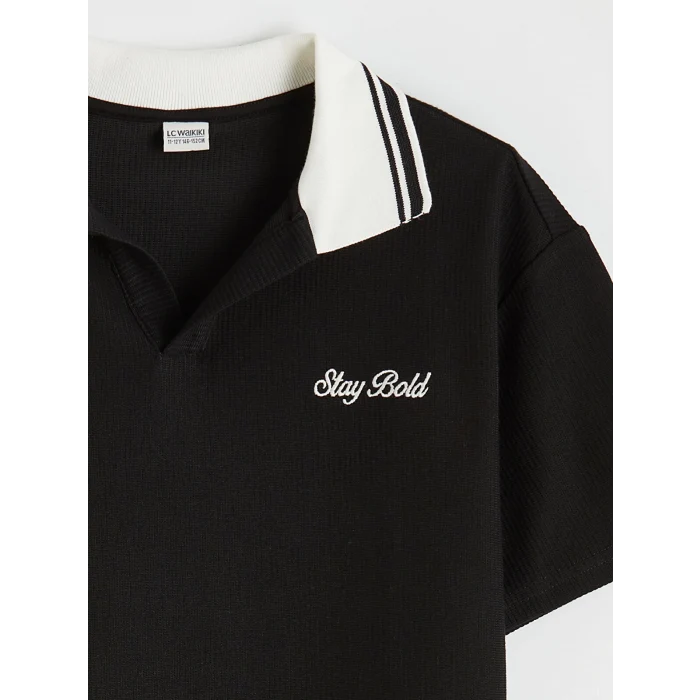 LCW Kids Siyah Polo Yaka Nakışlı Erkek Çocuk Tişört