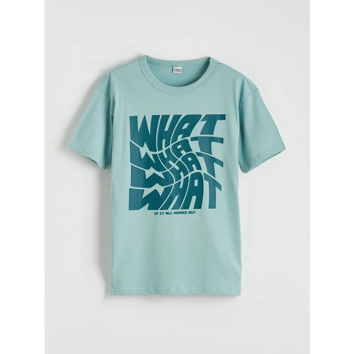 LCW Kids Yeşil Bisiklet Yaka Baskılı Erkek Çocuk Tişört