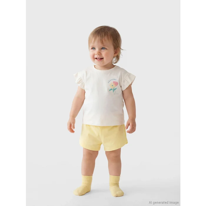 LCW baby Ekru Çiçek Baskılı Fırfırlı Kız Bebek Tişört ve Şort