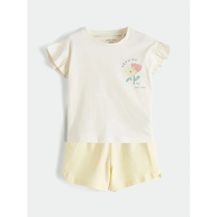 LCW baby Ekru Çiçek Baskılı Fırfırlı Kız Bebek Tişört ve Şort